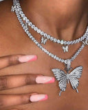 2PCS Rhinestone Butterfly Pendant Necklace
