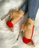 Contrast Color Floral Splicing Ankle Strap Heeled Sandals