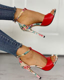 Contrast Color Floral Splicing Ankle Strap Heeled Sandals