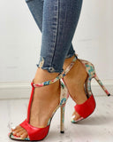 Contrast Color Floral Splicing Ankle Strap Heeled Sandals