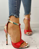 Contrast Color Floral Splicing Ankle Strap Heeled Sandals