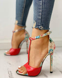 Contrast Color Floral Splicing Ankle Strap Heeled Sandals