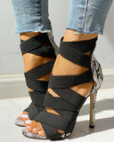 Lace Up Bandage Patchwork Snakeskin Thin Heeled Sandals