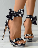 Daisy Print Bowknot Chain Decor Stiletto Heels