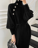 High Neck Buttoned Lantern Sleeve Sweater Dress With Belt