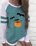 Halloween Pumpkin Batwing Pattern Colorblock Long Sleeve Top