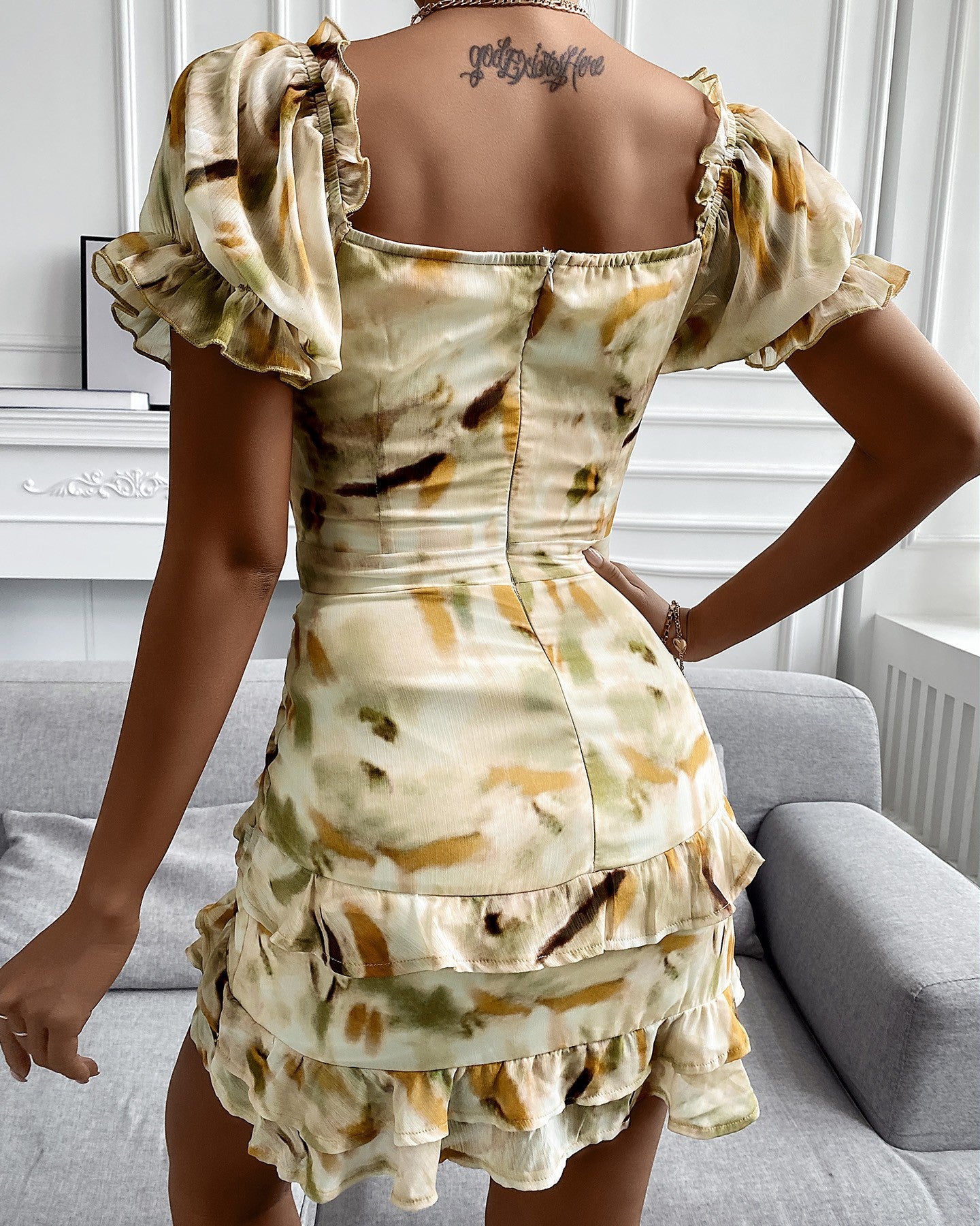 Tie Dye Print Cutout Drawstring Dress
