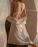 Satin Lace Trim Bell Sleeve Robe With Belt