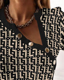 Geo Print Button Decor Long Sleeve Top