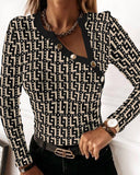 Geo Print Button Decor Long Sleeve Top