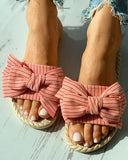 Striped Bowknot Decor Woven Flax Flat Sandals