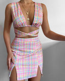 Plaid Print Colorblock Bandage Crop Top & Slit Skirt Set