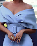 Off Shoulder Wrap Belted Skinny Dress