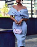 Off Shoulder Wrap Belted Skinny Dress