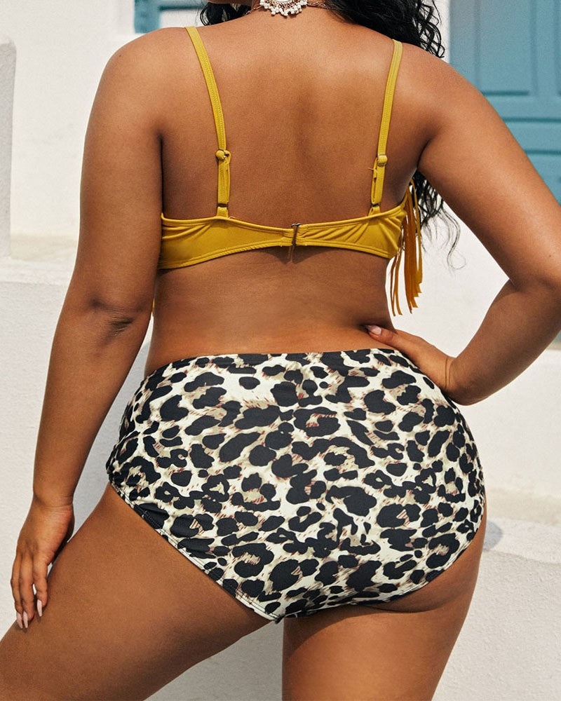 Plus Size Leopard Print Tassel Decor Bikini Set
