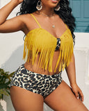 Plus Size Leopard Print Tassel Decor Bikini Set