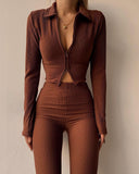 Zip Front Ribbed Crop Top & Chocolate Pants Set