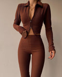 Zip Front Ribbed Crop Top & Chocolate Pants Set