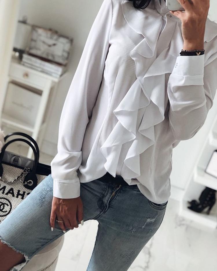 Solid Ruffles Design Long Sleeve Casual Blouse