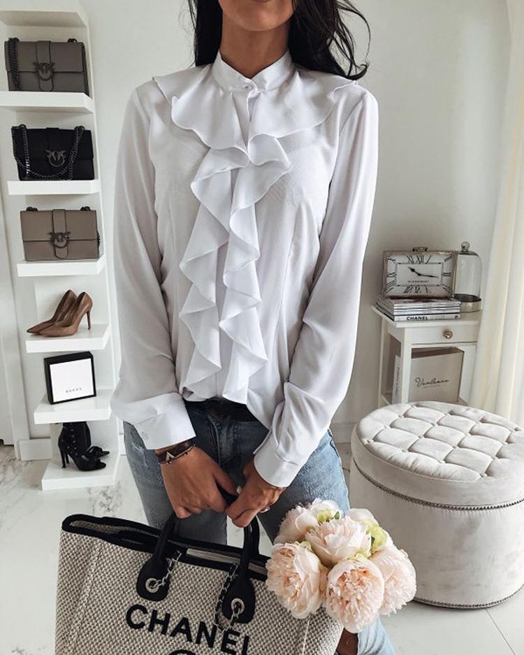 Solid Ruffles Design Long Sleeve Casual Blouse