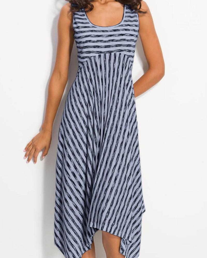 Striped Print Asymmetrical Hem Casual Dress