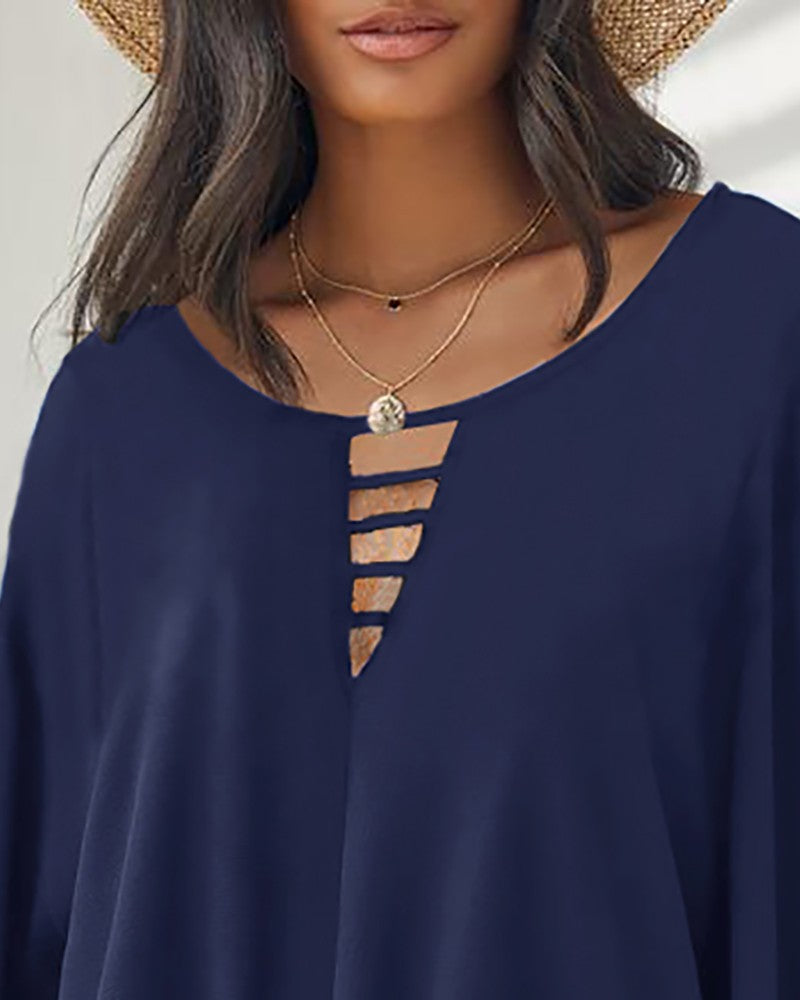 Lantern Sleeve Cutout Knotted Front Top