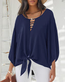 Lantern Sleeve Cutout Knotted Front Top