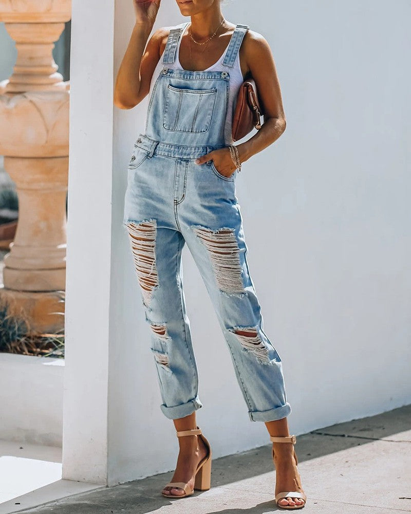 Pocket Front Ripped Cutout Denim Overall
