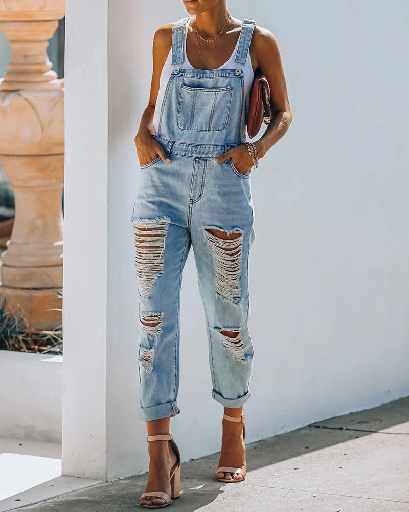 Pocket Front Ripped Cutout Denim Overall