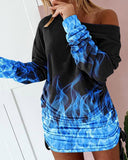 Flame Print Long Sleeve Drawstring Ruched Casual Dress