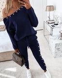 One Shoulder Beaded Top & Drawstring Pants Set