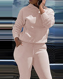 Ruched Pocket Design Hooded Sweatshirt & Fold Pants Set