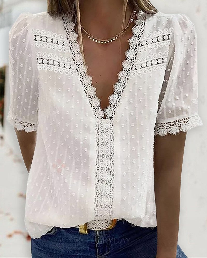 Guipure Lace V Neck Short Sleeve Top