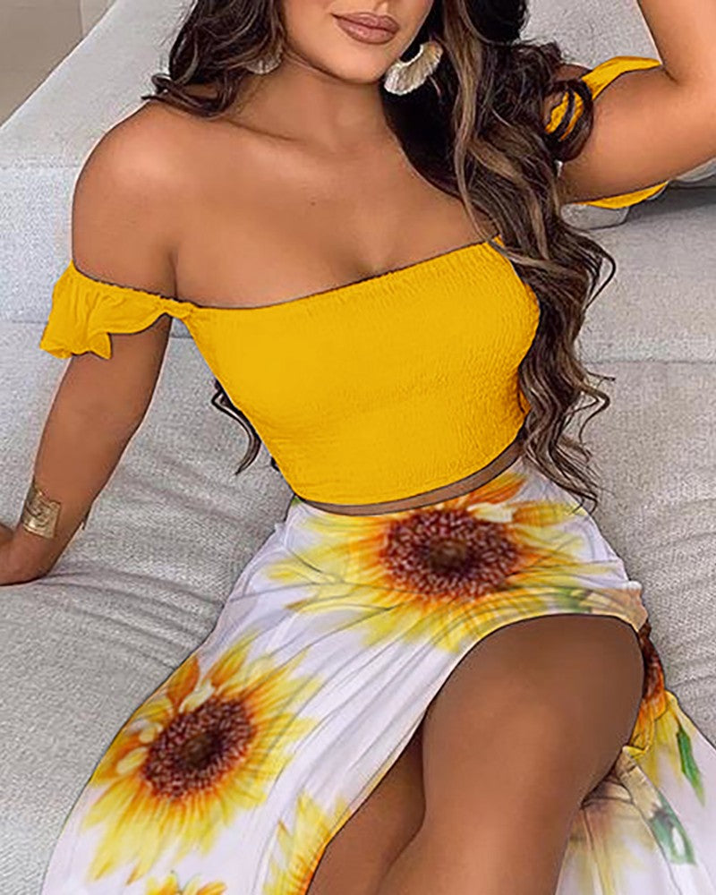 Off Shoulder Shirred Ruffles Top & Sunflower Print High Slit Maxi Skirt Set