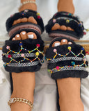 Colorful Beaded Decor Embroidery Fluffy Slippers