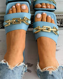 Chain Strap Deocr Square Toe Flat Slippers