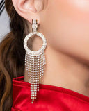Round Shaped Rhinestone Tassel Design Drop Earrings