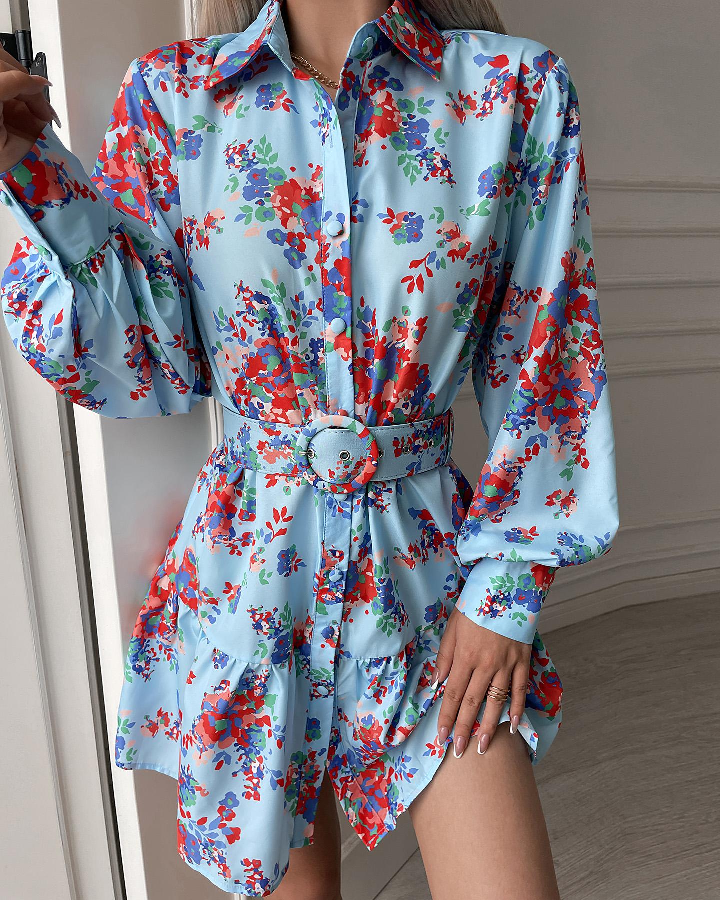 Button Front Floral Print Dress With Belt