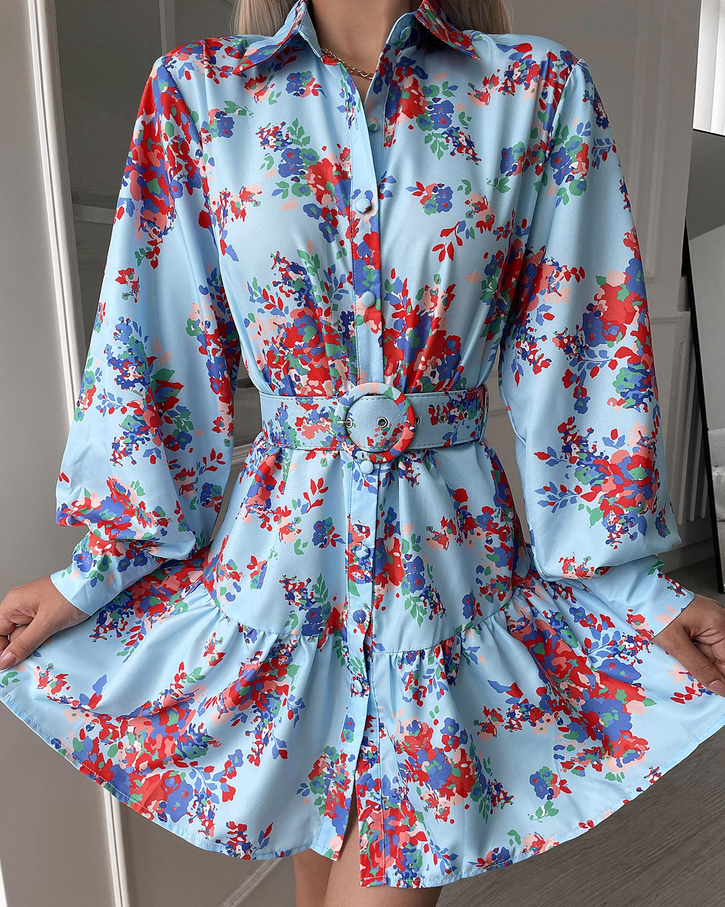 Button Front Floral Print Dress With Belt