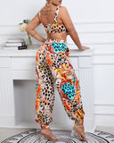 Leopard Print Crop Top & High Waist Pants Set