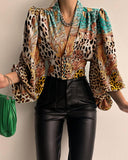 Cheetah Baroque Print Puff Lantern Sleeve Top