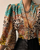 Cheetah Baroque Print Puff Lantern Sleeve Top