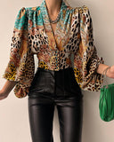 Cheetah Baroque Print Puff Lantern Sleeve Top