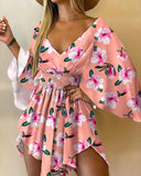 Floral Print V Neck Batwing Sleeve Shirred Waist Mini Dress