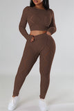 Casual Solid See-through O Neck Long Sleeve Two Pieces