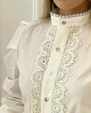 Puff Sleeve Lace Patch Buttoned Top