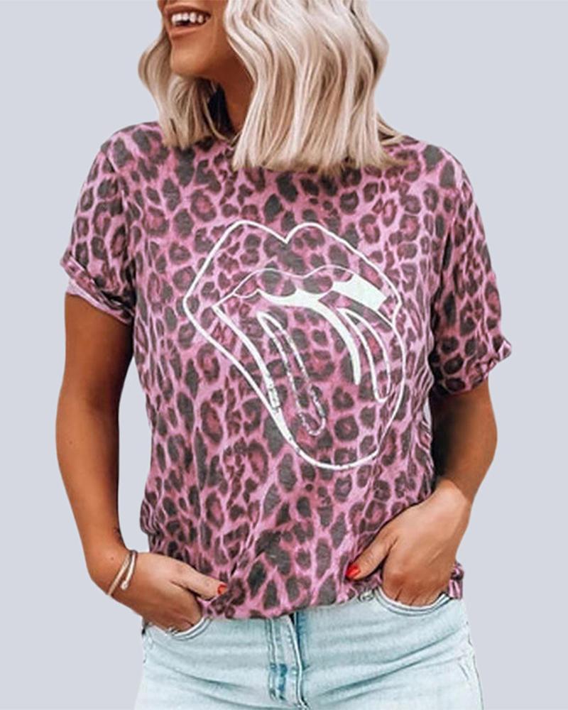 Leopard Lip Print Casual  T Shirt