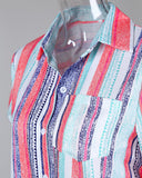 Colorful Stripes Long Sleeve Button Pocket Blouse