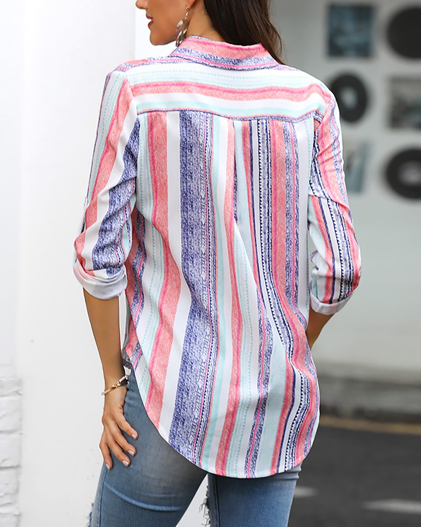 Colorful Stripes Long Sleeve Button Pocket Blouse