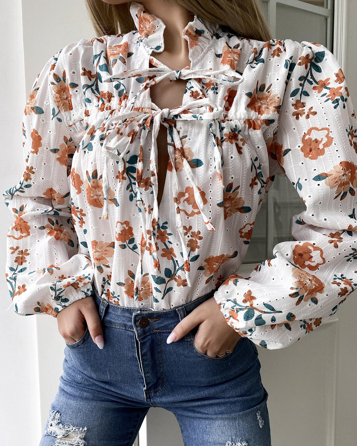 Floral Print Tied Front Ruched Blouse